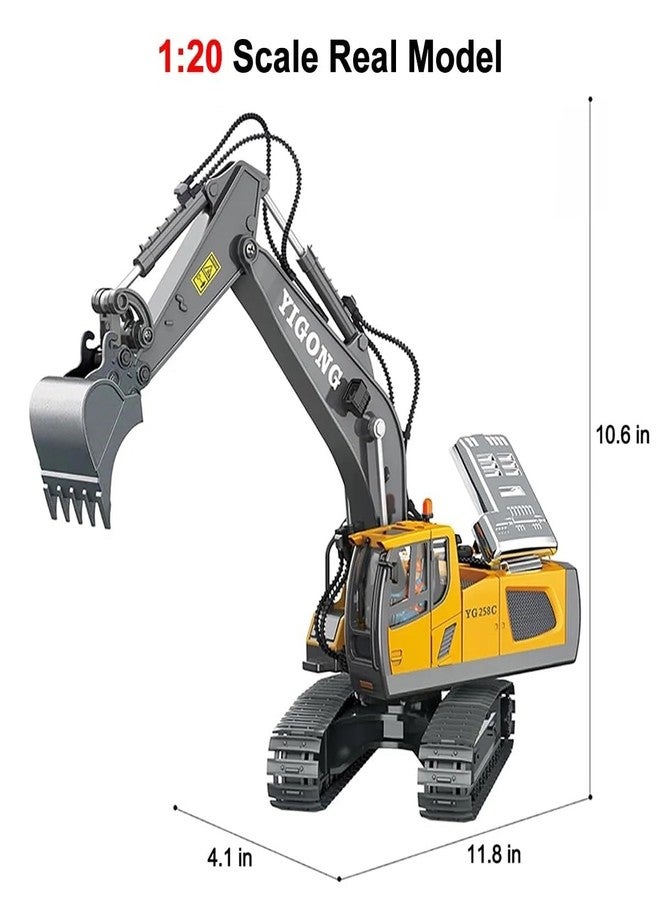 JOYJAY Remote Control Excavator 11 Channel RC Excavator Truck Toys Metal Shovel, 1/20 Scale Remote Control Construction Vehicles Tractor, 2.4Ghz Boy Toy Gift for Kids and Adults, Yellow - Image 3